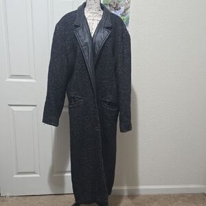 Vintage Dual Control Black Tweed Leather Long Coat, Good Condition, Large